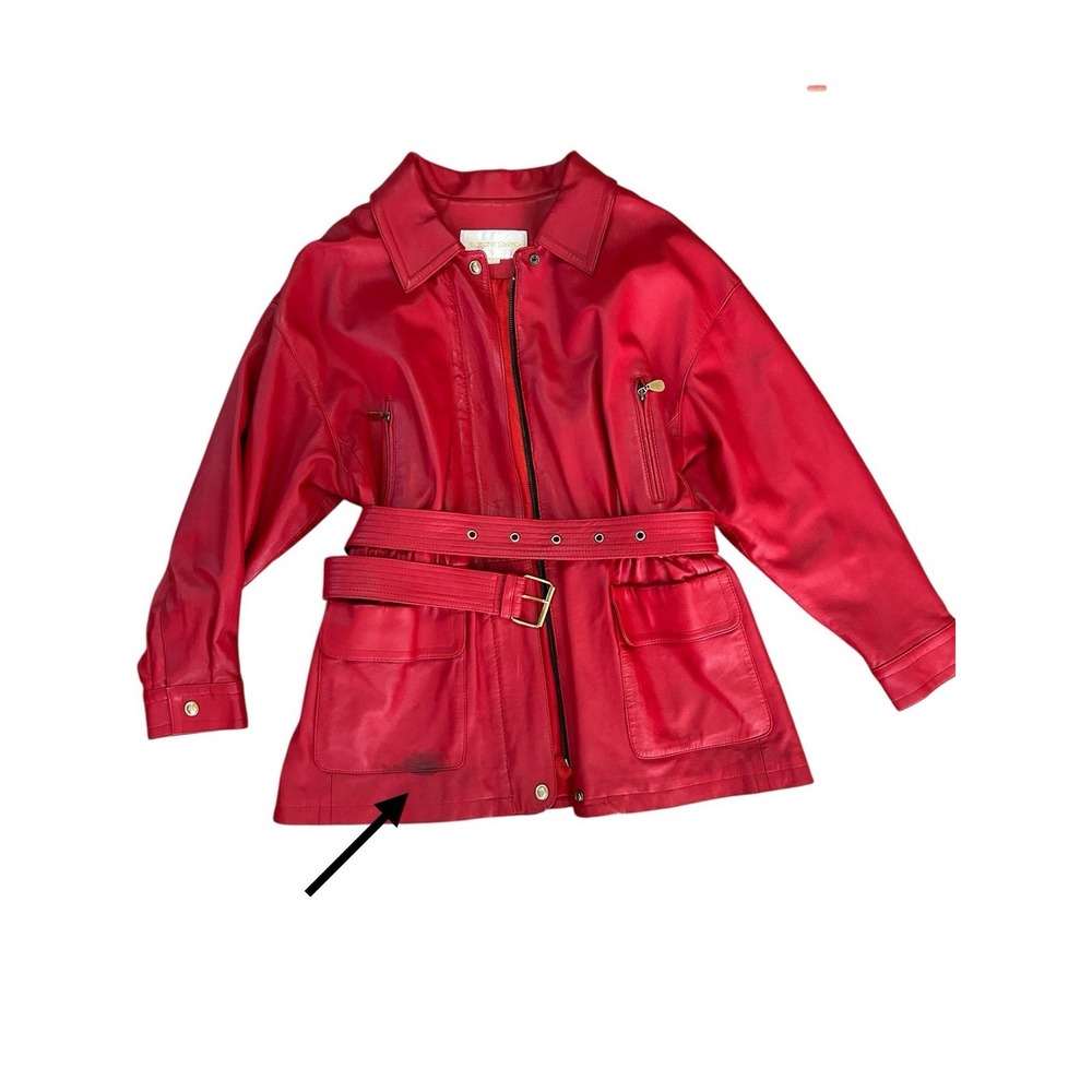 Margaret Godfrey Red Leather Belted Jacket Sz L**see pictures-stain on pocket - Picture 7 of 10
